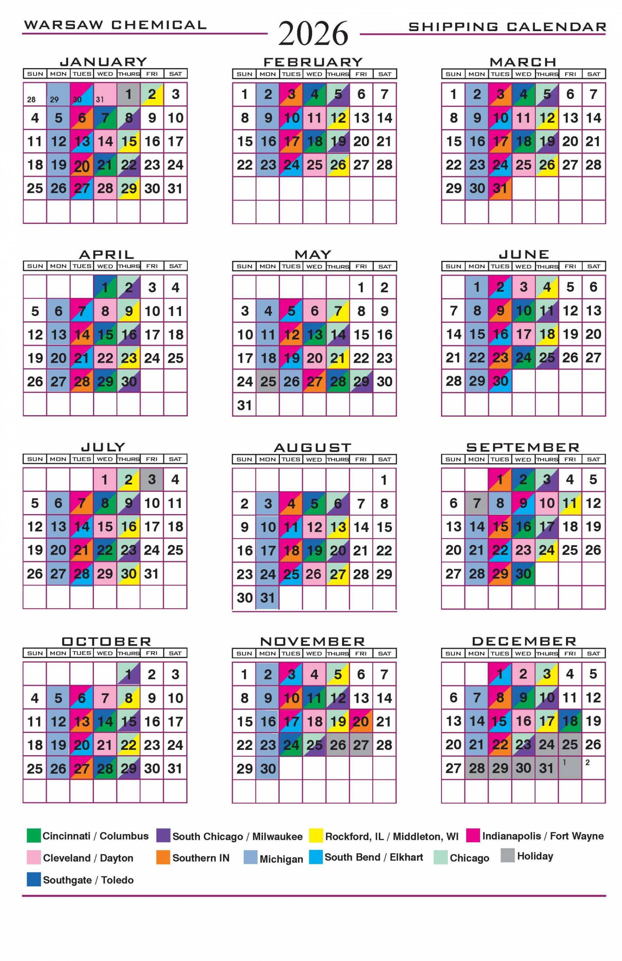 Shipping Calendar — Warsaw Chemical
